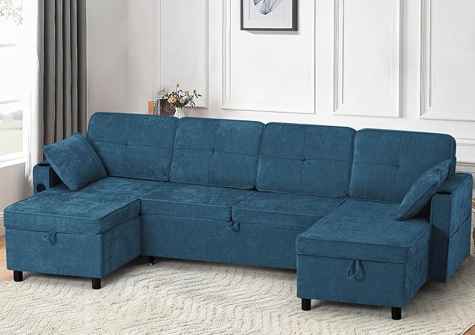 110 Inches Chenille Sectional Sofa w/Pull Out Sofa Bed & Adjustable Back, Tufted U Shaped Couch w/Two Storage Chaises, Sleeper Sectional Sofa w/USB Port & Cup Holders for Living Room, Blue-HomvellaHome