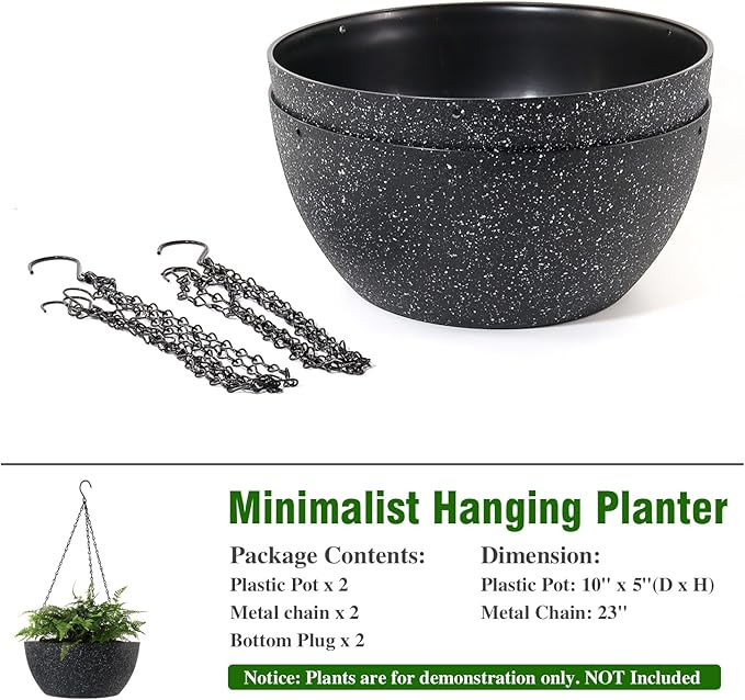 10 inch Hanging Planters for Outdoor Indoor Plants with Drainage Holes and Chain, 2 Pack Round Hanging Flower Pots for Garden Home Porch Decor, Speckled Black-HomvellaHome