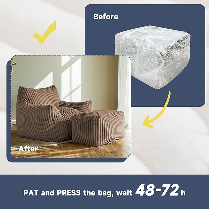 Giant Bean Bag Chairs for Adults, Oversized Chaise Lounge Chair Indoor with Memory Foam - Plush Boneless Lounger & Ottoman for Bedroom, Living Room, Gaming & Reading, Lazy Floor Sofa Chair, Khaki-HomvellaHome