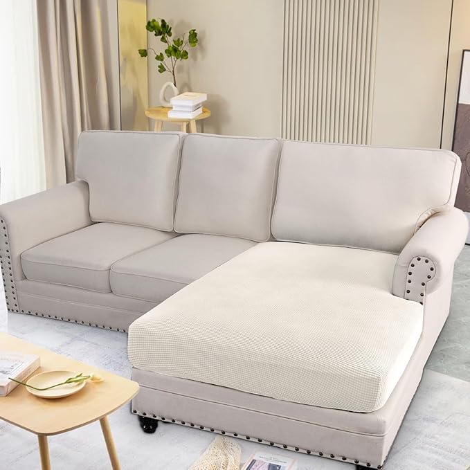 H.VERSAILTEX Super Stretch Individual Chaise Cover Sectional Couch Covers for L Shaped Sofa Both Left/Right Featuring Thick Jacquard Textured Twill Fabric (1 Piece Chaise Cover Large, Porcelain)-HomvellaHome