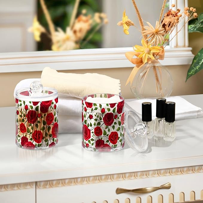2 Pack Qtip Holder Dispenser Red Rose Flowers Bathroom Storage Canister Lid Acrylic Plastic Apothecary Jar Set Vanity Makeup Organizer for Cotton Swab/Ball/Round Pads, Floss-HomvellaHome