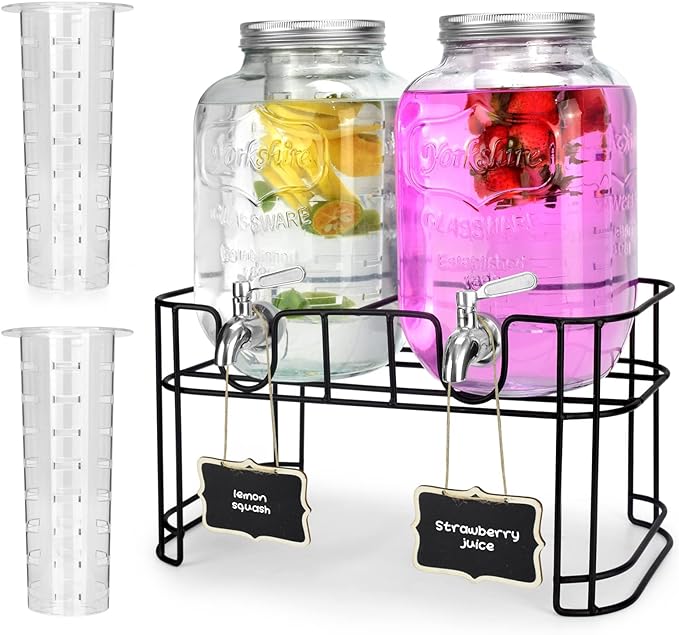1 Gallon Glass Drink Dispensers For Parties 2PACK.Beverage Dispenser,Glass Drink Dispenser With Stand And Stainless Steel Spigot 100% Leakproof.Lemonade Dispenser With Ice Cylinder.Laundry Detergent-HomvellaHome