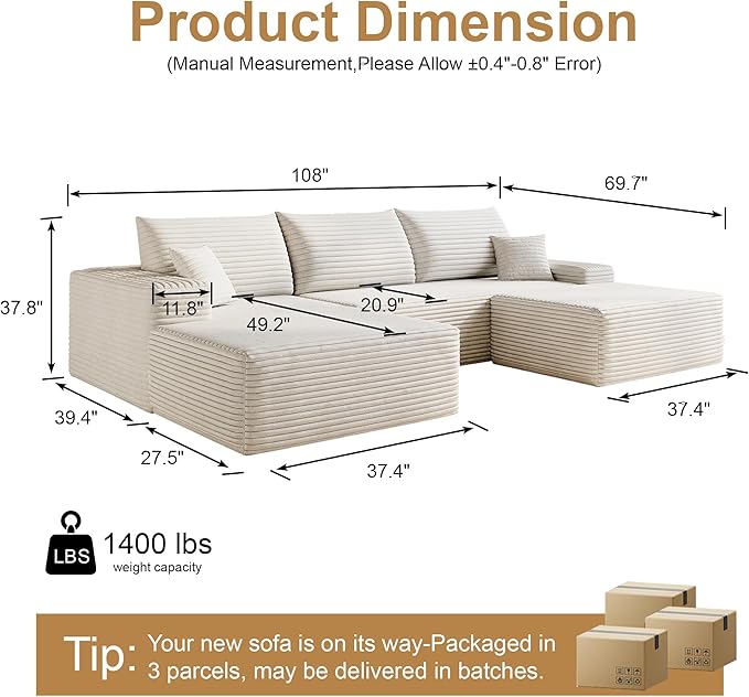 108" Sectional Couches for Living Room Modern Modular Sofa with L-Shape Couchs Upholstered Boneless Couch Deep Seat Sectional Couch with Chaise (White, Left Facing Chaise+2Seaters+1Ottoman)-HomvellaHome