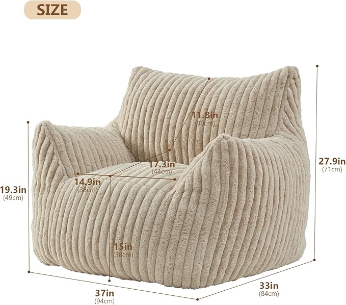 Giant Bean Bag Chairs for Adults Teens, Large Bean Bag Sofa Chairs with Filling Comfy Fuzzy BeanBag Chair with Armrests for Bedroom Living Room Reading-HomvellaHome