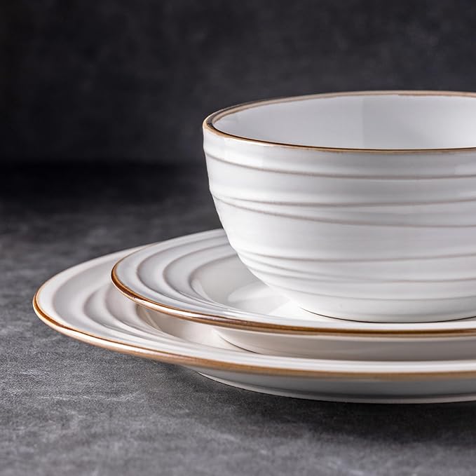 GBHOME Ceramic Dinnerware Sets, 24 pcs Embossed Elegant Stoneware Plates and Bowls Sets, Housewarming Wedding Gift | Dishwasher & Microwave Safe | Dishes Set Service for 8-HomvellaHome
