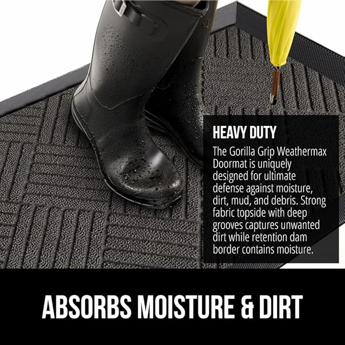 GORILLA GRIP 100% Waterproof All-Season WeatherMax Doormat, 34x58, US Designed Natural Rubber, Stain and Fade Resistant, Low Profile Indoor Outdoor Door Mats, Easy Clean Patio Mat, Gray Diamond-HomvellaHome