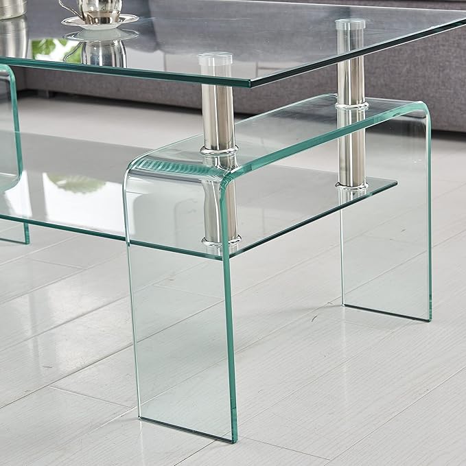Glass Coffee Table for Living Room, Modern Rectangle All Tempered Glass Table 8mm Clear Transparent Top Home Furniture for Small Space Bearing 220LB-HomvellaHome