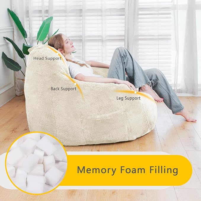 Giant Bean Bag Chair, Oversized Bean Bag Chairs for Adults and Kids, Gaming Chair Stuffed Memory Foam | Storage | Non-Slip, Removable Bean Bag Sofa Comfy Chair for Bedroom, Livingroom (Beige)-HomvellaHome