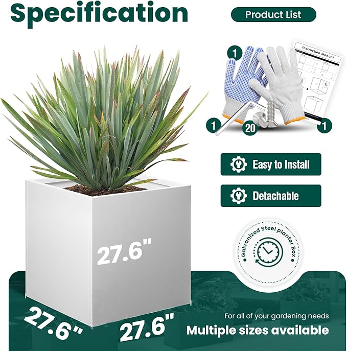 Galvanized Steel Black Planter Box Square 27.6 in Metal Large Planter Box Outdoor Indoor Huge Cube Heavy Duty Flower Pot Modern Commercial Residential for Patio, Deck, Yard, Garden-HomvellaHome