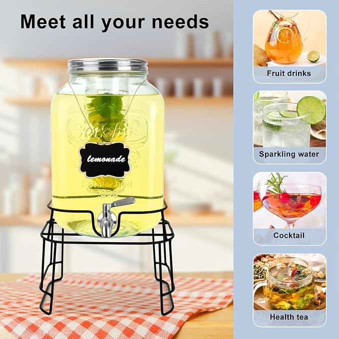 2 Gallon Glass Drink Dispensers For Parties,Beverage Dispensers With Stand And 100% Leakproof Stainless Steel Spigot.Glass Water Jug Dispenser,Lemonade Dispenser,Mason Jar.-HomvellaHome