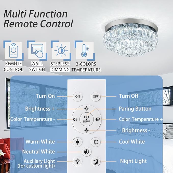 11.8" LED Chandelier 2-Layer Crystal Ceiling Light Fixture with Remote Control Flush Mount Chandelier Light for Hallway Bedroom Living Room Kitchen Foyer(dimmable)-HomvellaHome