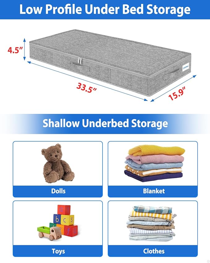 2 Pack Low Profile Under Bed Storage Containers 4.5 Inch Height, Shallow Underbed Couch Storage Organizer With Sturdy Sidewalls/Bottom, Thin Underbed Storage Bins For Clothes Dorm Dresser Sofa- Grey-HomvellaHome