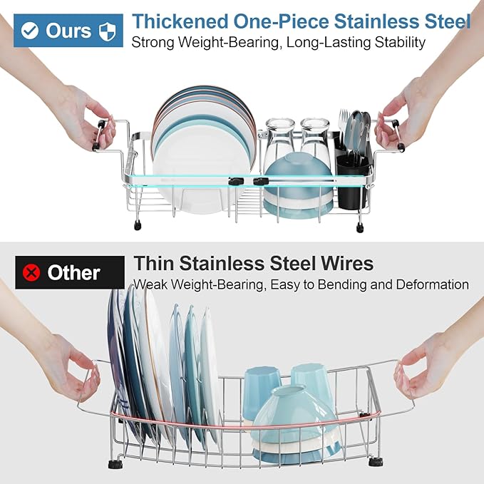 GSlife Expandable in Sink Small Dish Drying Rack - Stainless Steel Capacity Adjustable Over The Sink Dish Rack with Utensil Holder, 11.9“-16.7” L x 9" W x 5.7" H, Silver-HomvellaHome