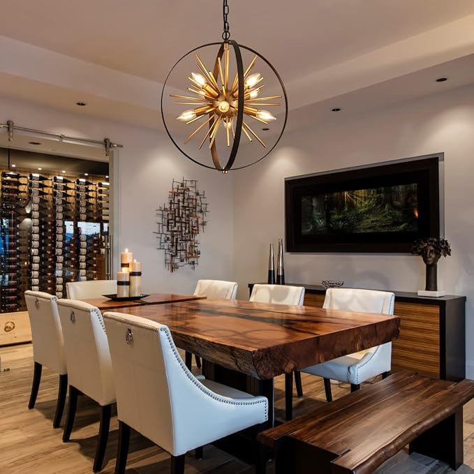 17.72'' Black Gold 8-Light Globe Sputnik Chandelier Modern Industrial Adjustable Hanging Ceiling Firework Pendant Light Fixture for Entryway Stairway Kitchen Dining Living Room Hallway-HomvellaHome