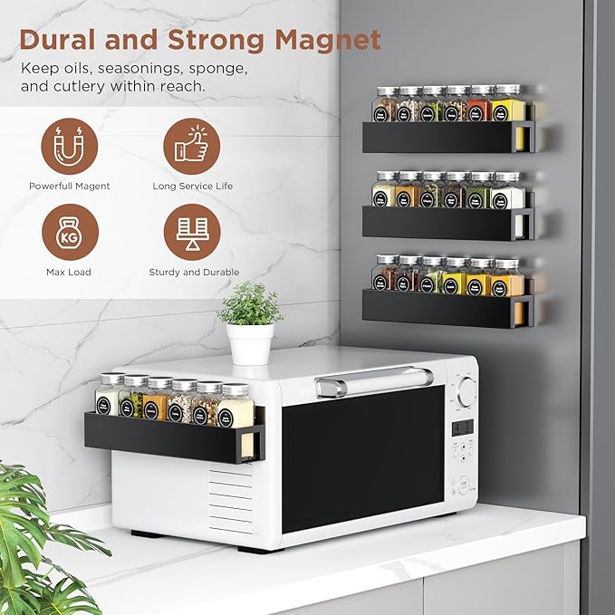 2 Pack Magnetic Spice Rack with 12 Spice Jars, Spice Labels, Magnetic Spice Organizer Shelf for Refrigerator, Microwave, Seasoning Organizer for Kitchen, Spice Jars with Label and Organizer Rack-HomvellaHome