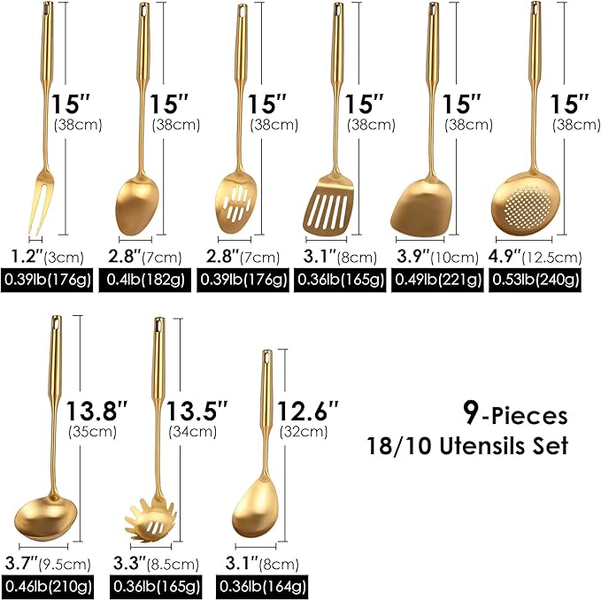 Gold Kitchen Utensils Set - 18/10 Stainless Steel Cooking Tools, 15" All Metal Serving Utensils with Fork, Solid/Slotted Spoon, Spatula, Ladle, Skimmer, Tunner, Pasta Spoon, Large Spoon, Set of 9-HomvellaHome