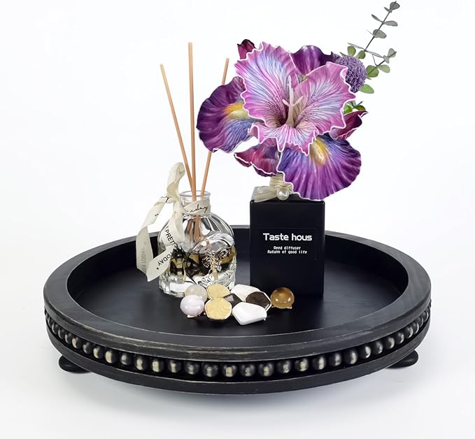 12 Inches Rustic Wooden Decorative Tray, Small Round Beaded Wood Tray for Kitchen Dinning Table Centerpiece Decor Entryway Living Room Home Decor, Black-HomvellaHome