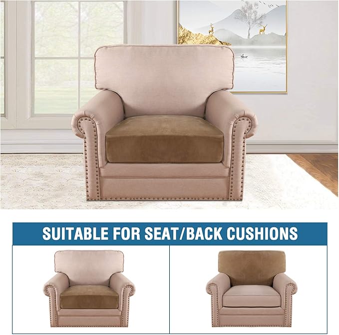 H.VERSAILTEX Velvet Stretch Couch Cushion Cover Plush Cushion Slipcover for Chair Cushion Furniture Protector Seat Cushion Sofa Cover (1 Piece Armchair Cushion Covers, Camel)-HomvellaHome