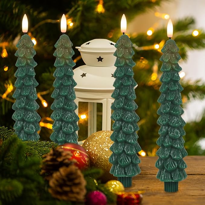 GenSwin Christmas Tree Flameless Taper Candles with Remote Timer, Christmas LED Taper Candles with 3D Flame, 4 Pcs Green LED Candlesticks for Christmas Home Decoration(0.78” x 9.8”)-HomvellaHome