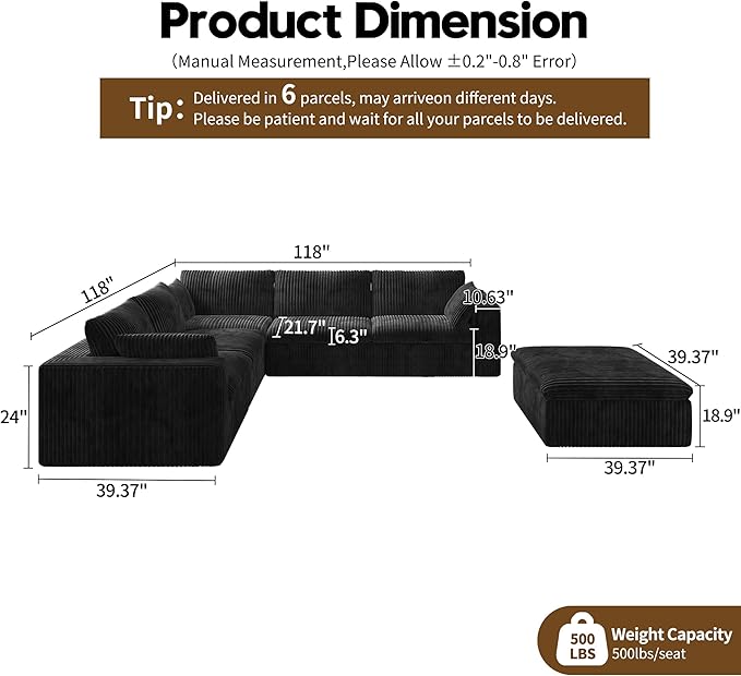 118" 6-Seater Cloud Sofa,Modular Sectional Couch with Ottoman,Modern Deep Seat Upholstered Couches with Corduroy Fabric for Living Room Furniture,Bedroom and Apartment,No Assembly Required,Black-HomvellaHome