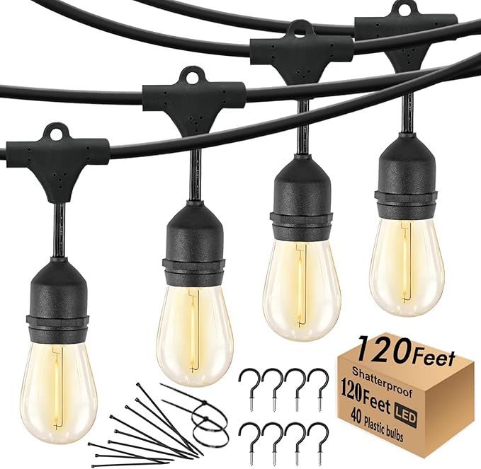 120 FT Outdoor String Lights LED Waterproof with 40 Shatterproof Plastic Warm Edison Bulbs String Bistro Lights for Patio Gazebo Pergola Market-HomvellaHome