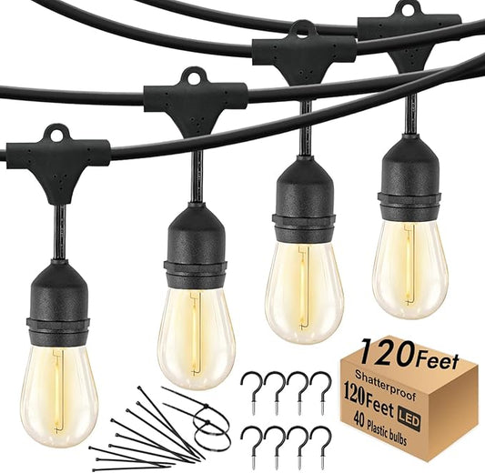 120 FT Outdoor String Lights LED Waterproof with 40 Shatterproof Plastic Warm Edison Bulbs String Bistro Lights for Patio Gazebo Pergola Market-HomvellaHome