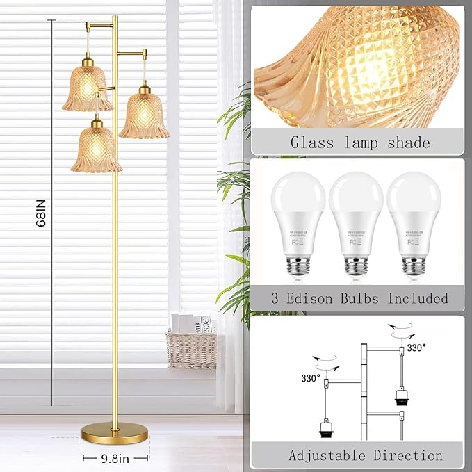 Gold Floor Lamp for Living Room,Bedroom,Tree 3 Light Standing Lamp Mid Century Modern Brass Tall Floor Lamps Vintage Retro Floor Lights Glass Green Flower Lamp Shade Farmhouse Boho Bohemian-HomvellaHome