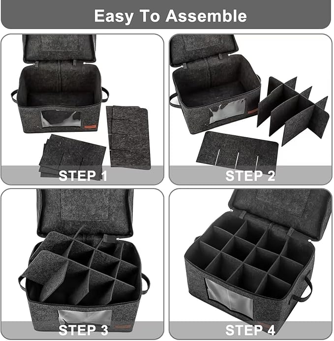 2 Pack Wine Glass Storage Box with Dividers, Stemware Storage Containers for Packing and Moving, China Storage Containers Box for 12 Crystal Glassware, Wine Glasses, Drinkware,Dark Gray-HomvellaHome