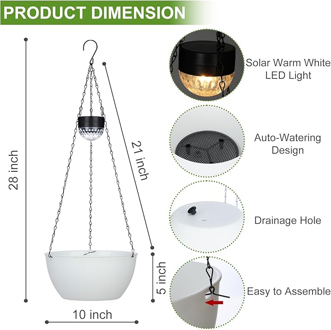 2 Packs Solar Hanging Basket Planters for Plants Outdoor, Self Watering White Flower Plants Pots with Solar Light Drainer for Balcony Patio Garden Outdoor Decoration-HomvellaHome