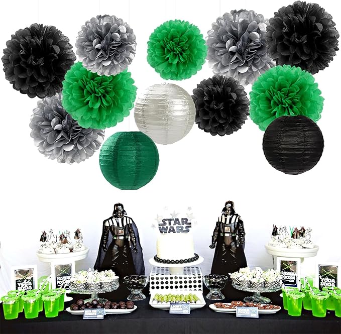 Green-Black Silver Party-Decorations Paper Flowers Lanterns - 15PCS Football Game Day Birthday Tissue Pom Poms Streamers, Bachelorette New Years Hanging Supplies Decor Hugfond-HomvellaHome