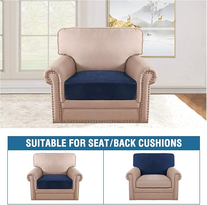H.VERSAILTEX Velvet Stretch Couch Cushion Cover Plush Cushion Slipcover for Chair Cushion Furniture Protector Seat Cushion Sofa Cover (1 Piece Armchair Cushion Covers, Navy)-HomvellaHome