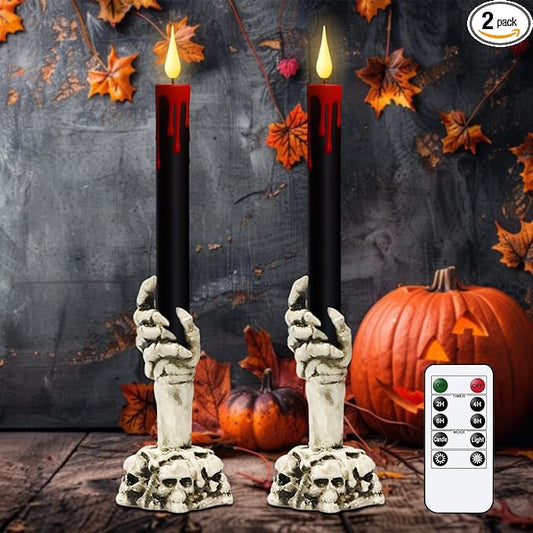 GenSwin Halloween Black Taper Flameless Candles with Ghost Hand Candlesticks and Remote Timer, 2 Pcs Battery Operated Taper Candles with Holder and 3D Flame for Halloween Decor-HomvellaHome