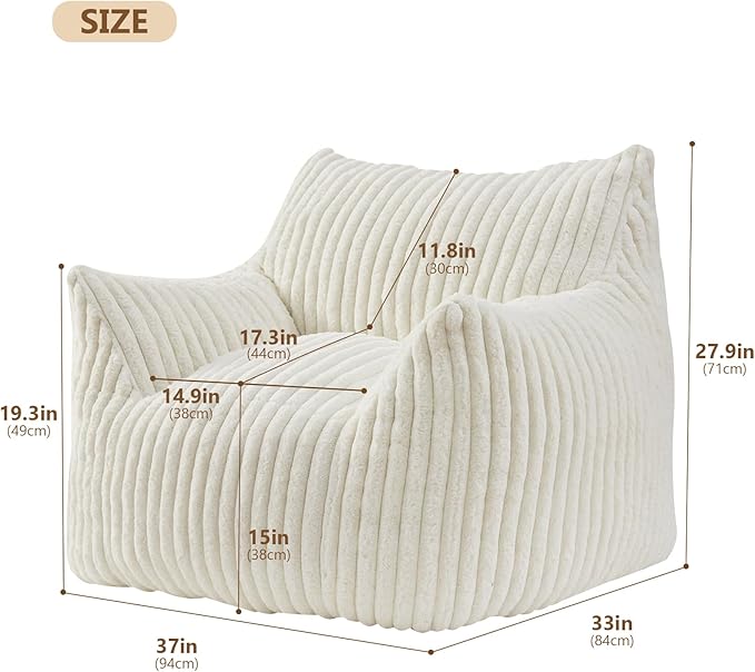 Giant Bean Bag Chairs for Adults Teens, Large Bean Bag Sofa Chairs with Filling Comfy Fuzzy BeanBag Chair with Armrests for Bedroom Living Room Reading-HomvellaHome