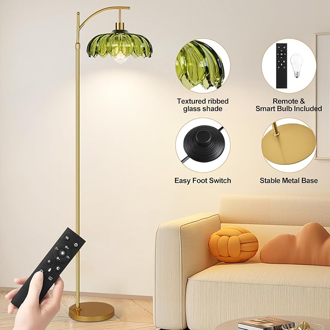 Gold Floor Lamps for Living Room Glass Vintage Floor Lamp with Remote Control,Dimmable Mid Century Modern Standing Lamp with 3 Color Temperature Tall Flower Lamp Brass Floor lamp for Bedroom Corner-HomvellaHome