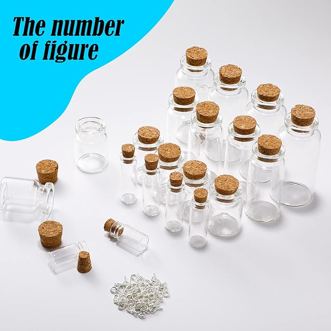 Geiserailie 45 Pcs Mini Glass Bottles with Cork Stoppers Spell Jar Clear Wishing Jars with 50 Eye Screws 3 Funnels for Wedding Party Favors DIY Art Crafts Decoration, 5 Sizes-HomvellaHome