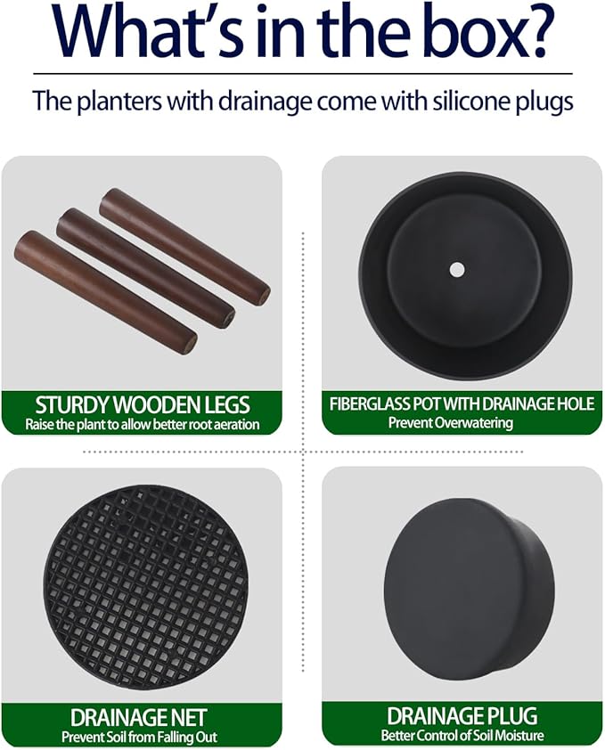 10 & 12 Inches Plant Pot with Stand Set of 2, Large Matte Gray Modern Planters for Indoor Outdoor Plants with Drainage Holes, Big Flower Pots with Wood Legs-HomvellaHome