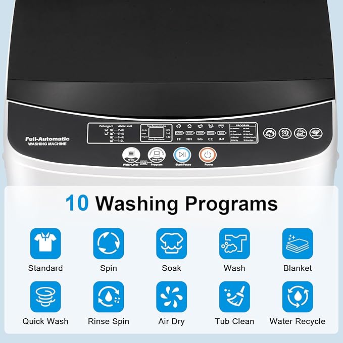 17Lbs Portable Washing Machine with10 Washing Programs, 2.2 Cu. Ft. Full Automatic Washer and Spinner Combo, Compact Laundry Washer Spinner for Apartment RV Dorm (2.2Cu. Ft)-HomvellaHome