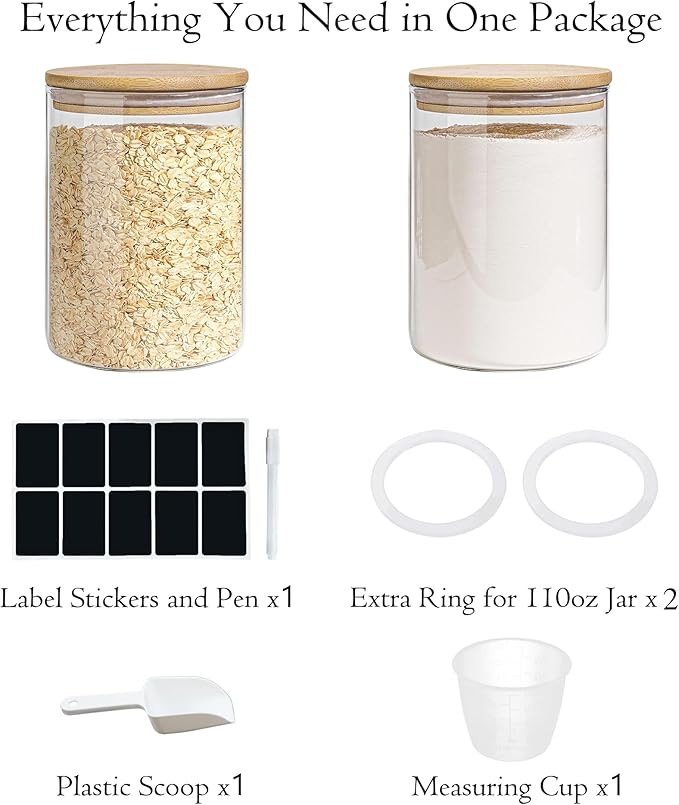 Glass Storage Jars Set Elegant Containers with Airtight Bamboo Lids, Perfect for Kitchen Organization - Flour, Rice, Pasta, Sugar, Coffee Beans, Accessories Included (2 packs(111oz))-HomvellaHome