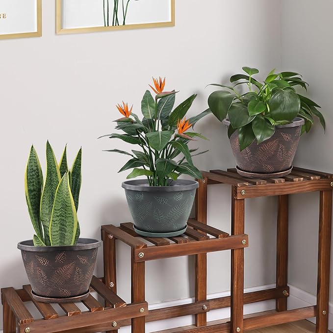 11 inch Plant Pot, 3 Pack Large Pots for Plants, Flower Pots with Drainage Hole & Saucer, Modern Planters for Indoor Outdoor Plants, Decorative Plastic Garden Pots (Copper)-HomvellaHome