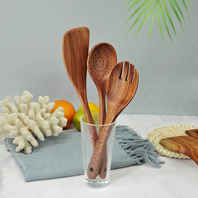 GreyWooden Kitchen Utensil Set, 6Pcs Wooden Cooking Utensils for Non-Stick Pan, 100% Natural Teak Wooden Spatula-HomvellaHome