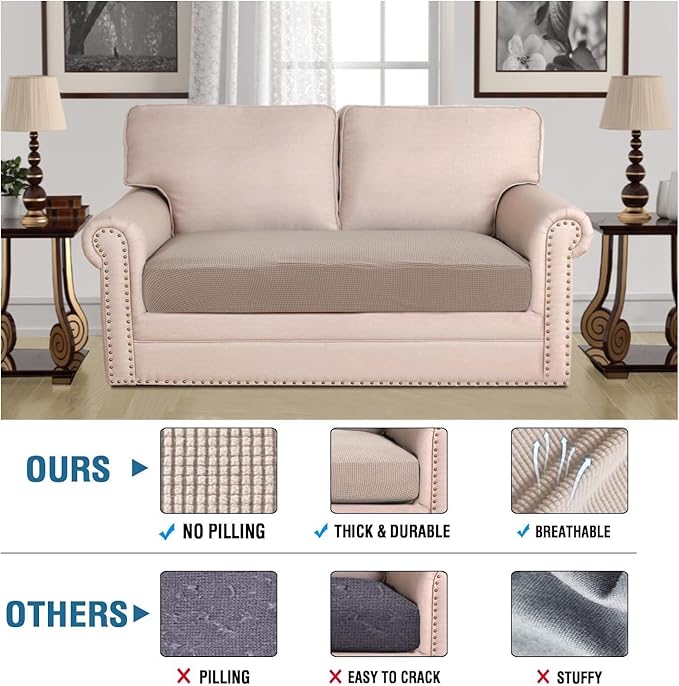 H.VERSAILTEX Super Stretch Individual Seat Cushion Covers Sofa Covers Couch Cushion Covers Slipcover Sets Thick Jacquard Textured Twill Fabric (1 Piece Loveseat Cushion Cover, Sand)-HomvellaHome