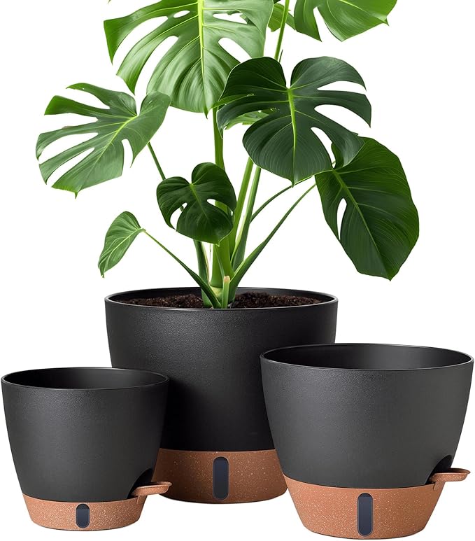 12/10/8 Inch Self Watering Pots for Indoor Plants Plastic Large Plant Pot for Outdoor Plants, Water Level Window & Spacious Reservoir Flower Pots Decorative Planter with Drainage and Tray (Black)-HomvellaHome