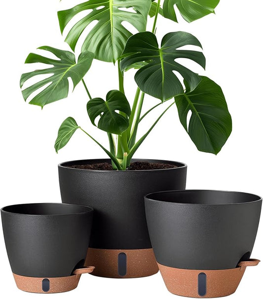 12/10/8 Inch Self Watering Pots for Indoor Plants Plastic Large Plant Pot for Outdoor Plants, Water Level Window & Spacious Reservoir Flower Pots Decorative Planter with Drainage and Tray (Black)-HomvellaHome