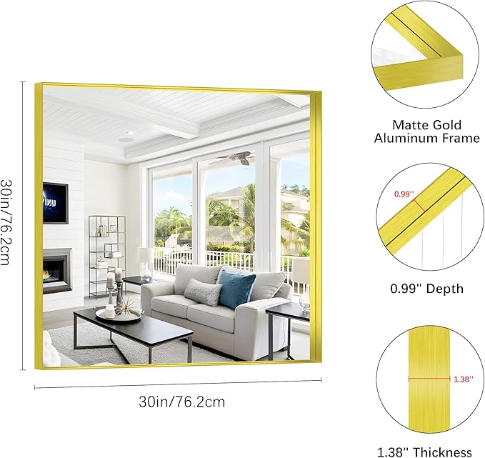 Gold Bathroom Mirror, 30x30 Inch Rectangular Framed Mirror, Large Wall Mounted Bathroom Vanity Mirror Over Sink for Bedroom,Restroom, Living Room, Hangs Vertically or Horizontally-HomvellaHome