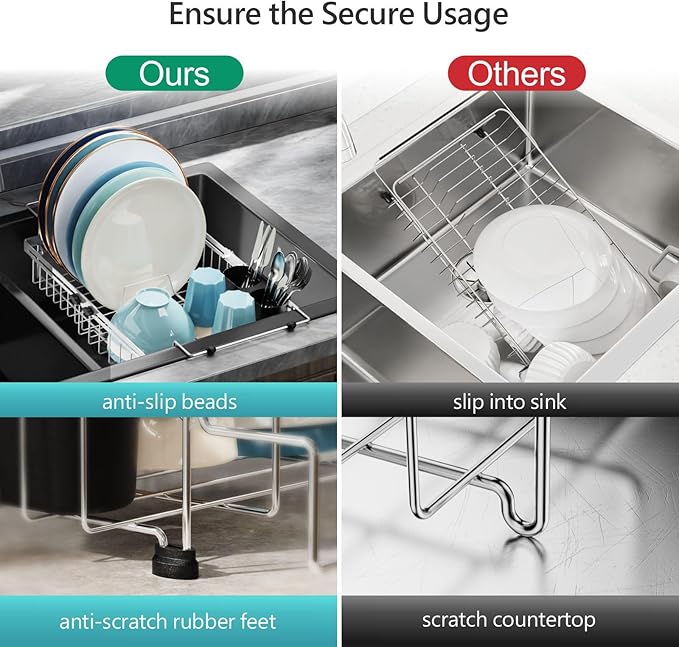 GSlife Stainless Steel Dish Drying Rack - Capacity Expandable in Sink Dish Drainer with Silicone Mat, Over Sink Dish Rack with Utensil Holder for Kitchen Counter, Large Capacity, Silver-HomvellaHome