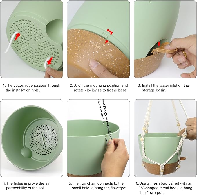 10 inch Self Watering Hanging Planters for Indoor Plants, 2 Pack Hanging Baskets for Outdoor Plants, Hanging Flower Pots with Drainage Holes & 2 Kinds of Plant Hangers for Home Decor, Green-HomvellaHome