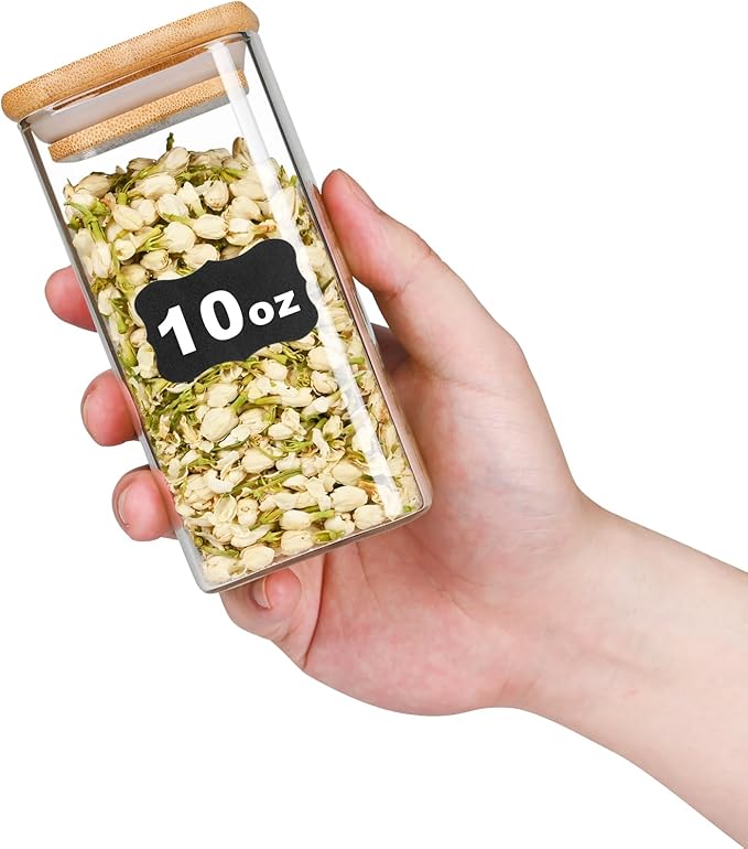 Glass Food Storage Jars Square 10oz, 12 Pack Glass Jars With Bamboo Lids, Kitchen Storage Containers For Spice, Candy, Cookie, Storage For Pantry Organizers-HomvellaHome