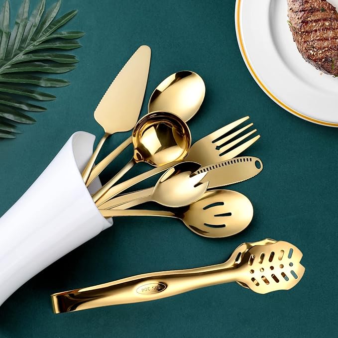 Gold Serving Utensils, OGORI 8-Piece Polished Stainless Steel Flatware Silverware Set Include Serving Spoon, Slotted Spoon, Cake Server, Soup Ladle, Fork, Salad Fork, Butter Knife, Serving Tong-HomvellaHome