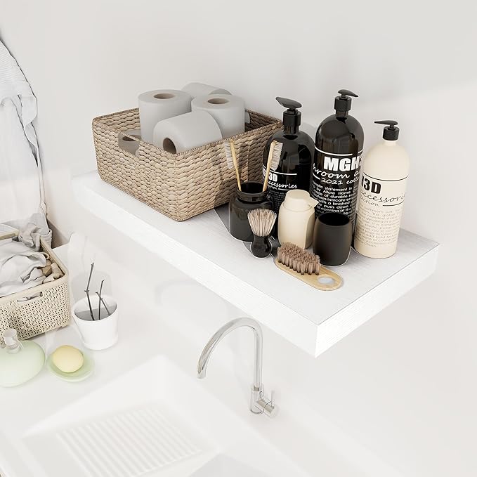 12 Inch Deep White Floating Shelves, 24 x 12 Floating Shelf for Books, Rustic Wood Deep Wall Shelves for Home Storage & Display, 2" Thicked Shelves for Kitchen, Living Room, Bedroom, 2 Pack-HomvellaHome