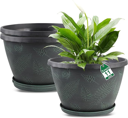 11 inch Plant Pot Set of 3, Plastic Flower Pots with Drainage Hole & Tray, Decorative Round Planters for Indoor Plants, Modern Outdoor Home Flowers Plants Garden Pots (Green)-HomvellaHome
